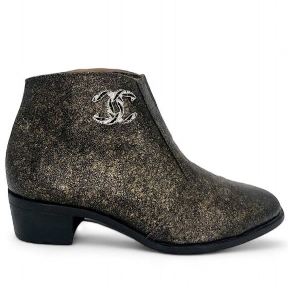 CHANEL Brown Metallic Coated CC Logo Block Heel Ankle Boots Size EU36.5 - Picture 1 of 14